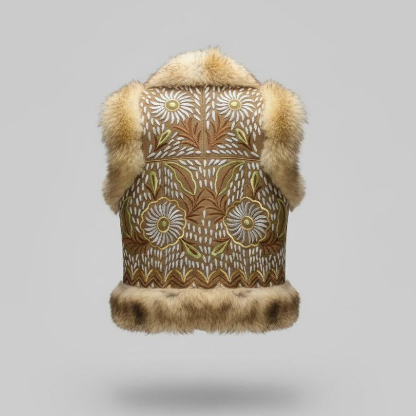 Back view of beige Afghan Suzani embroidered vest with natural fur shoulders, handcrafted by Suzani Khayati