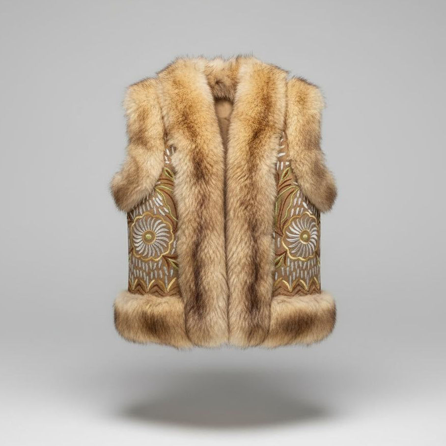 Beige Suzani embroidered vest with fur, front view, from Afghanistan